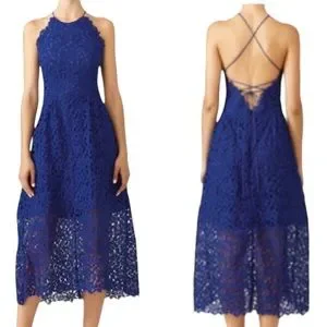 Slate Willow Cobalt Blue Floral Lace Crisscross Lace Up Halter Midi Dress 2